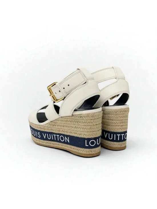 Louis Vuitton Boundary Line Sandals Shoes Leather White Navy Logo Wedge Sole - Picture 5 of 10
